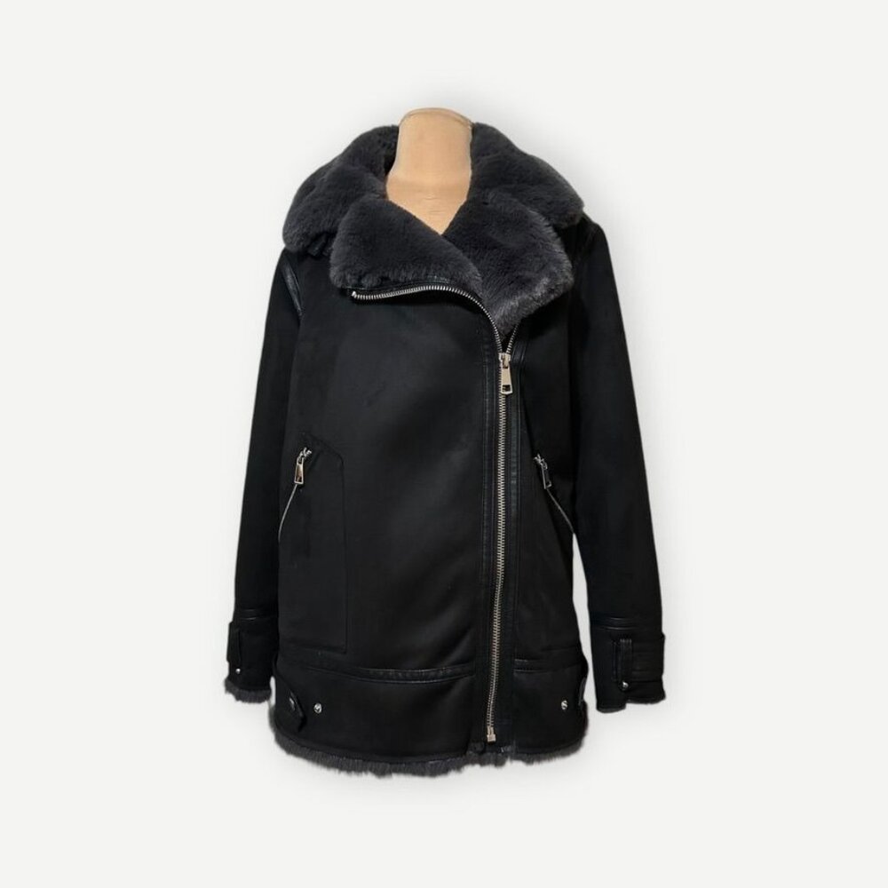 Zara Faux Fur Shearling Biker Coat S Black Cozy Winter Trend Vegan